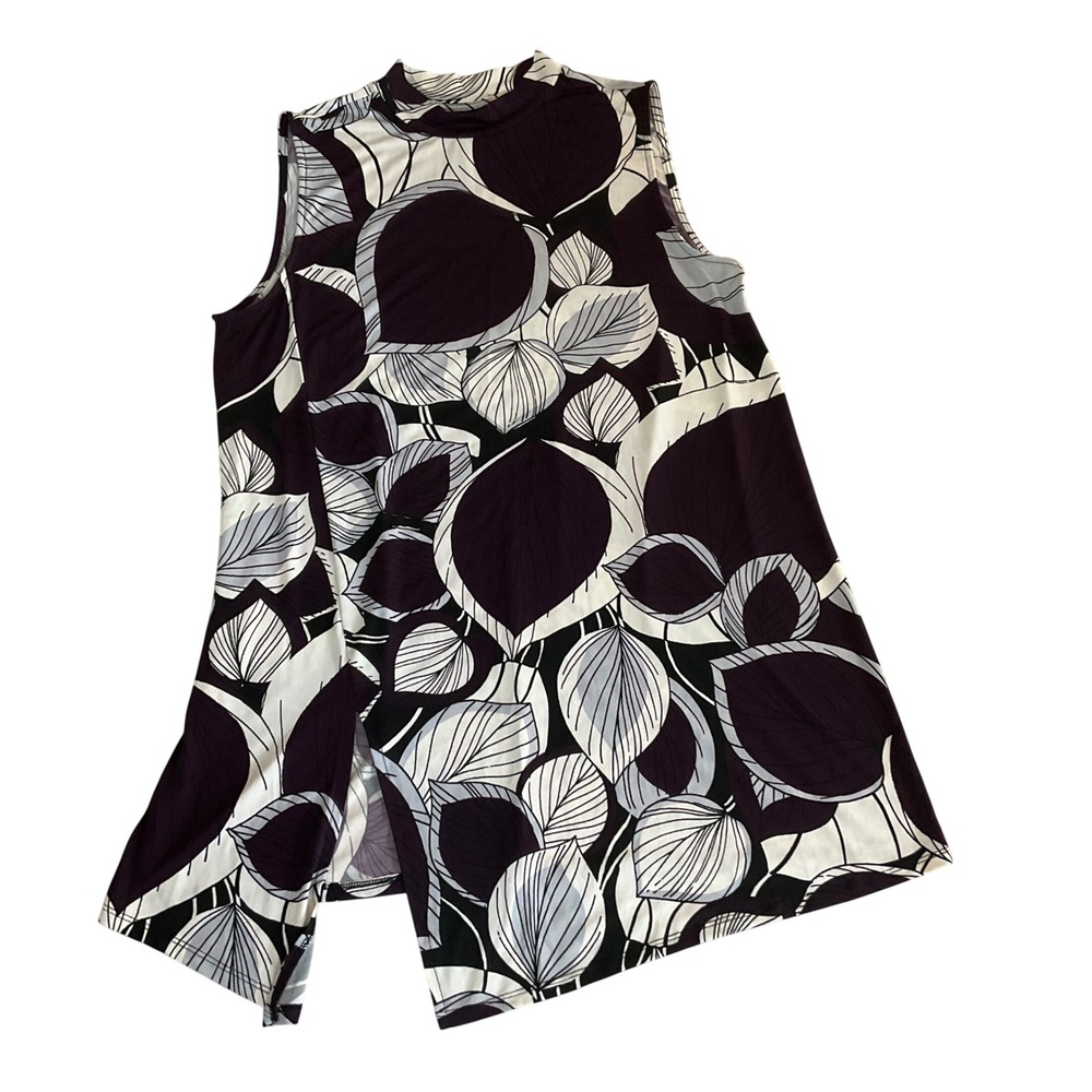 Alfani Long Blouse Women XL Purple Black White Leaf Print Mock Neck Tunic